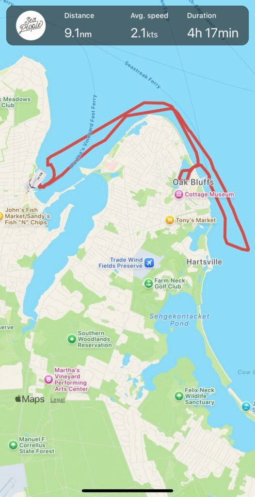 Map showing day sail route from Vineyard Haven to Oak Bluffs and the Inkwell Beach